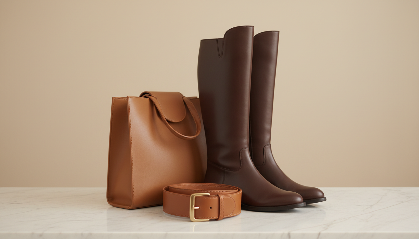 Аксессуарный ряд: Жесткая кожаная сумка-тоут, высокие сапоги-жокей и широкий ремень-корсет- все в разных, но гармоничных оттенках коричневого.