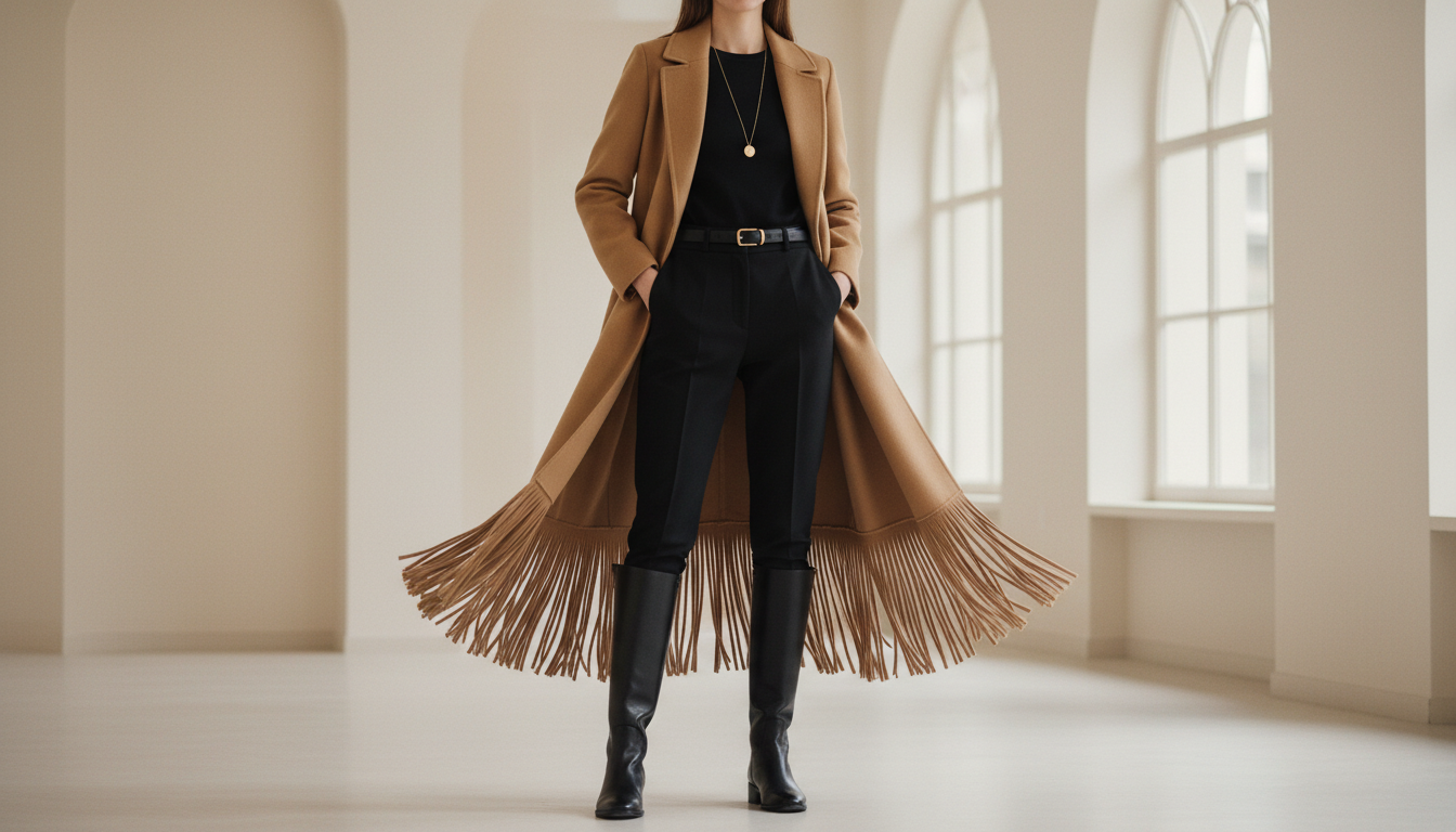 Длинное верблюжье пальто с бахромой по нижнему краю, стилизованное с черными брюками и высокими сапогами-жокей.