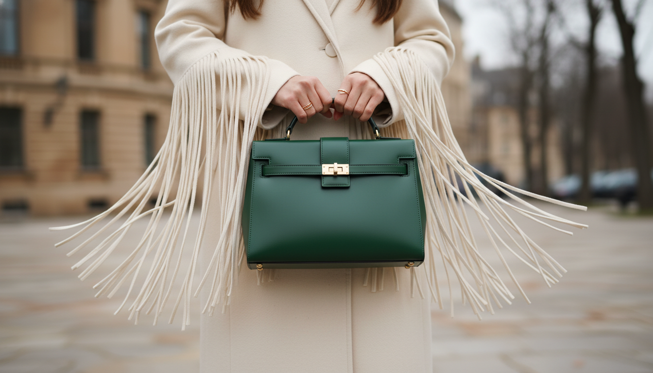 Акцентная сумка-портфель с жестким каркасом в руках модели, одетой в пальто с бахромой.