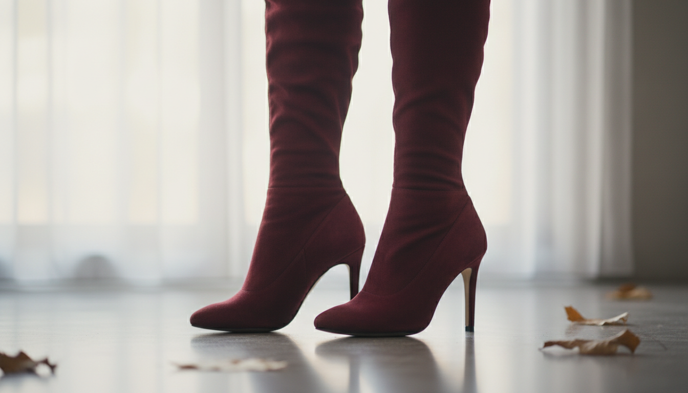 Крупный план замшевых ботфортов глубокого бордового цвета на тонком каблуке.