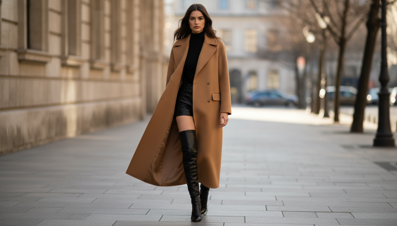 Уличный стиль: Модель в длинном шерстяном пальто цвета Camel, под которым видны только верхушки черных кожаных ботфортов.