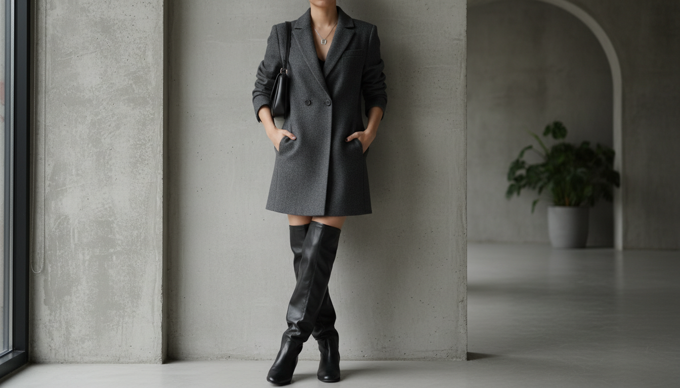 Стилизованный образ: Черные кожаные ботфорты на плоском ходу, одетые с удлиненным серым шерстяным жакетом, который прикрывает верхнюю часть сапог.