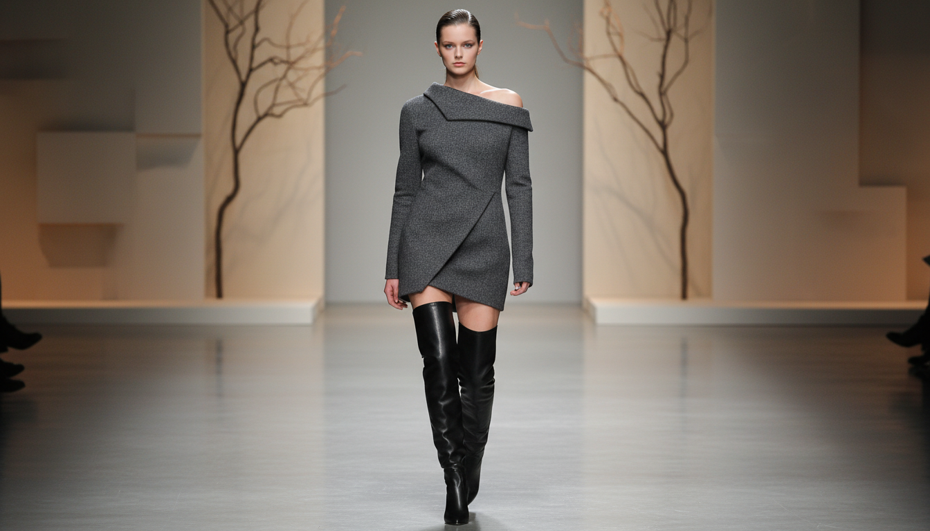 Подиумный лук: Модель в черных кожаных Wader Boots и асимметричном шерстяном мини-платье.