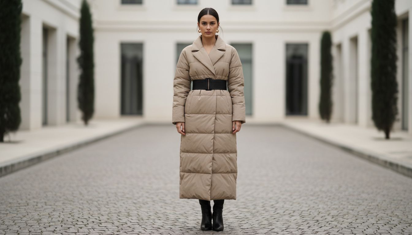 Девушка в бежевом матовом макси-пуховике, затянутом на талии широким черным поясом-корсетом.