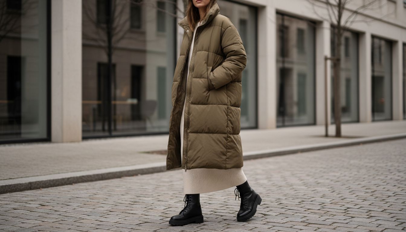 Девушка в длинном пуховике цвета хаки, под которым виден подол вязаного платья макси-длины и высокие ботинки на толстой подошве.