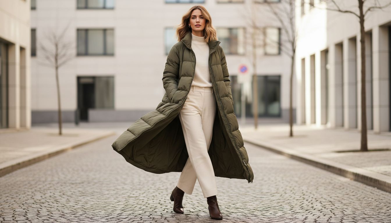 Девушка в длинном пуховике цвета хаки, с расстегнутым подолом, демонстрирующая шаги и легкость материала.