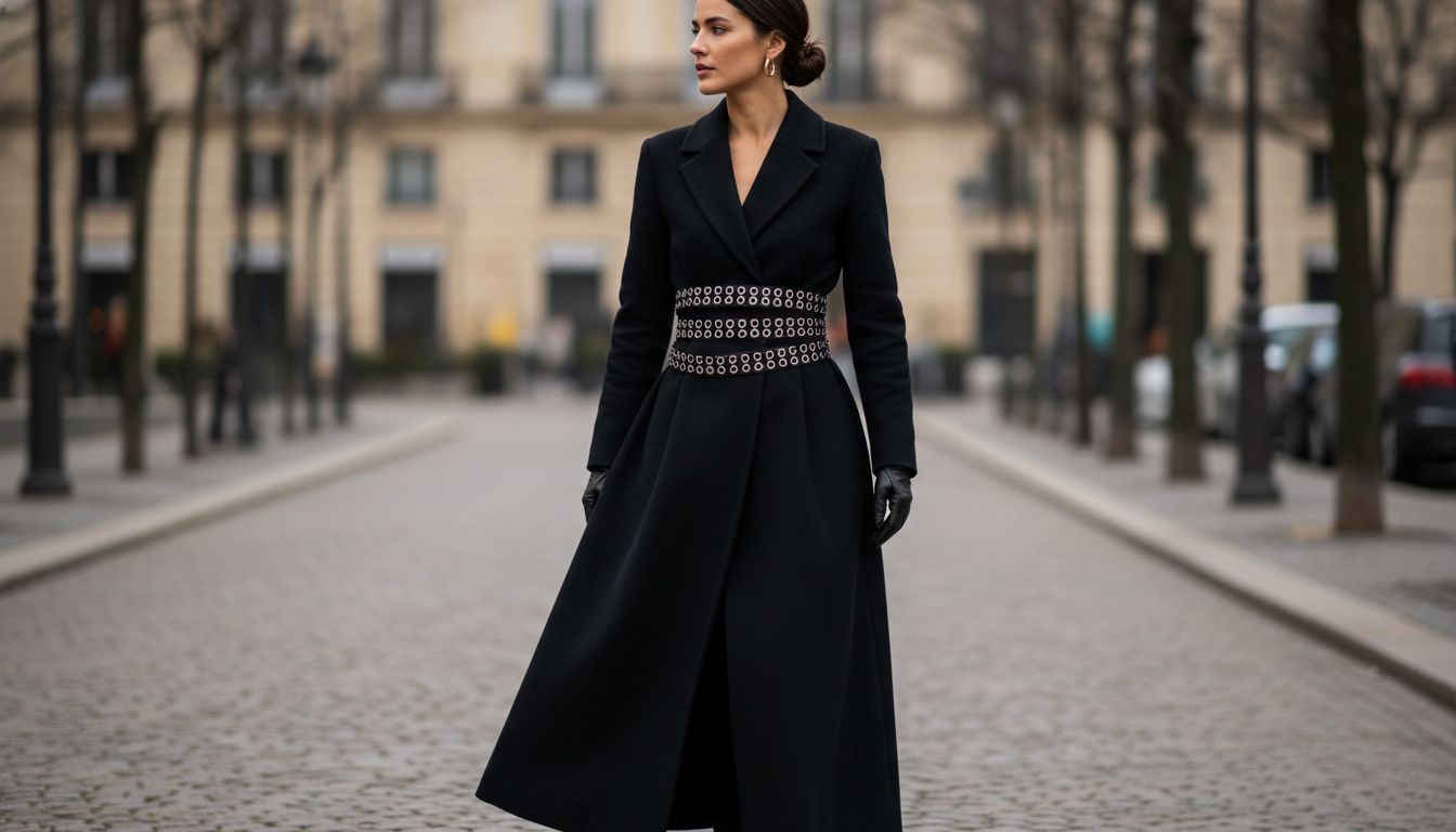 Девушка в длинном черном пальто, подпоясанном двумя тонкими ремнями с мелкими, но частыми люверсами, создающими эффект сетки.
