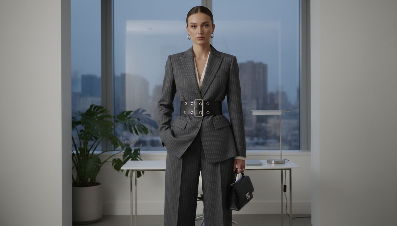 Модель в офисном брючном костюме в тонкую полоску, подпоясанном черным кожаным ремнем с крупными серебряными люверсами.