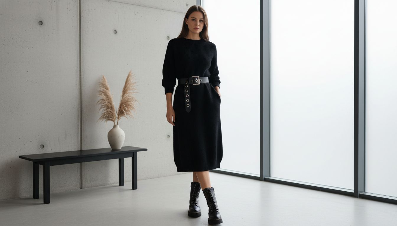 Стильный образ с черным шерстяным платьем, перетянутым широким ремнем с люверсами, и тяжелыми шнурованными ботинками.