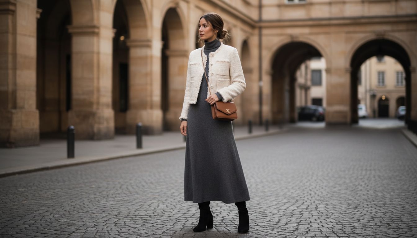 Девушка в коротком твидовом жакете, надетом поверх длинного трикотажного платья-водолазки, с ботфортами.