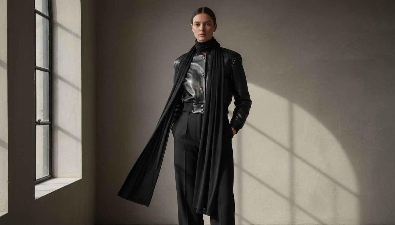 Комплект из черного короткого бомбера из глянцевой кожи и брюк с высокой талией, стилизованный с длинным шарфом.