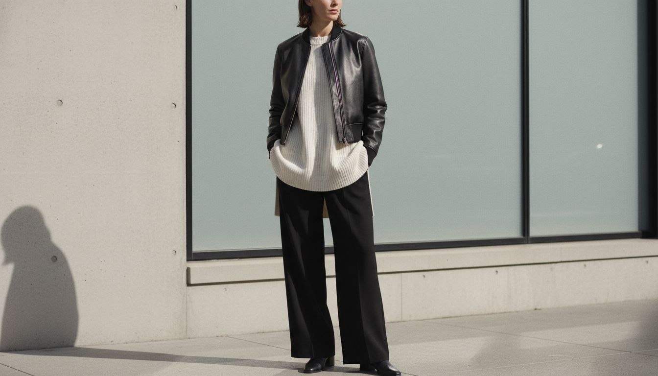 Образ, где короткий черный кожаный бомбер надет поверх длинного белого свитера, подол которого выглядывает, и широких брюк.