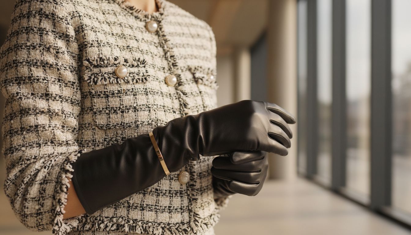 Крупный план: стилизация короткого твидового жакета с высокими кожаными перчатками, закрывающими предплечье.