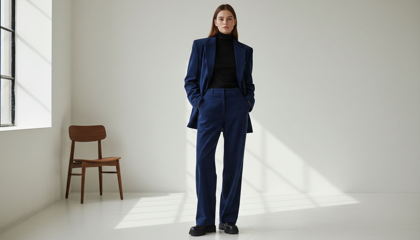 Модель в вельветовом костюме глубокого синего цвета с широкими брюками и объемным жакетом, под которым виден тонкий черный гольф