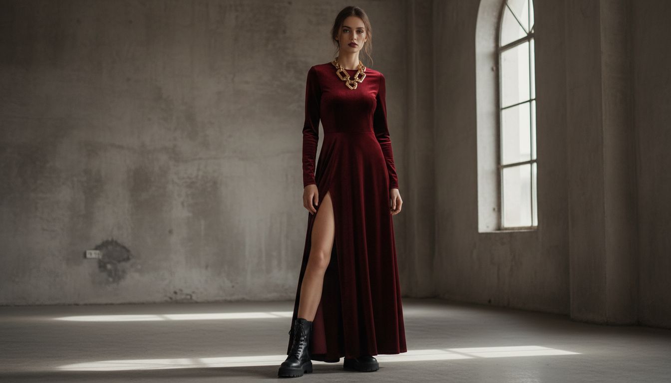 Длинное бархатное платье в оттенке бургунди с высоким разрезом, стилизованное с массивными ботинками на шнуровке и крупным золотым колье