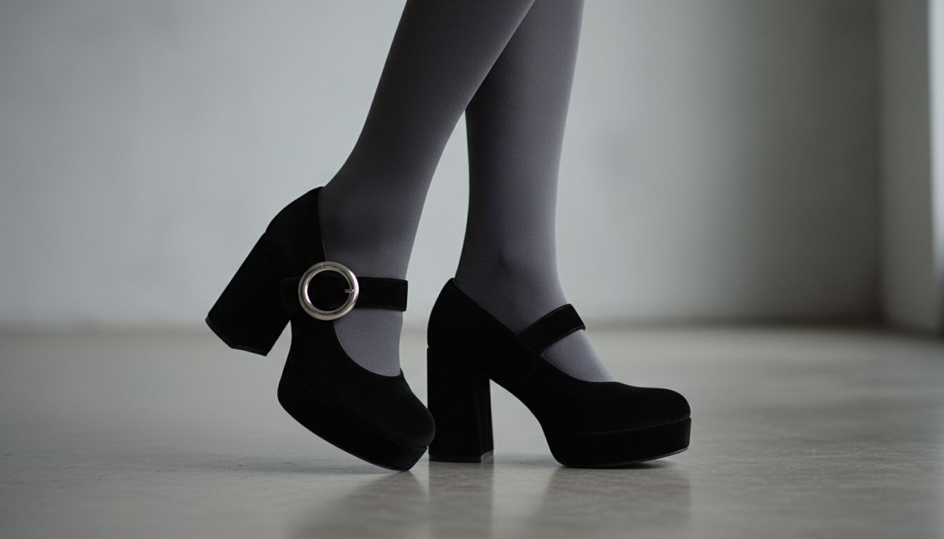 Детализированный снимок черных бархатных туфель Мэри-Джейн с массивной пряжкой, надетых на плотные серые колготки