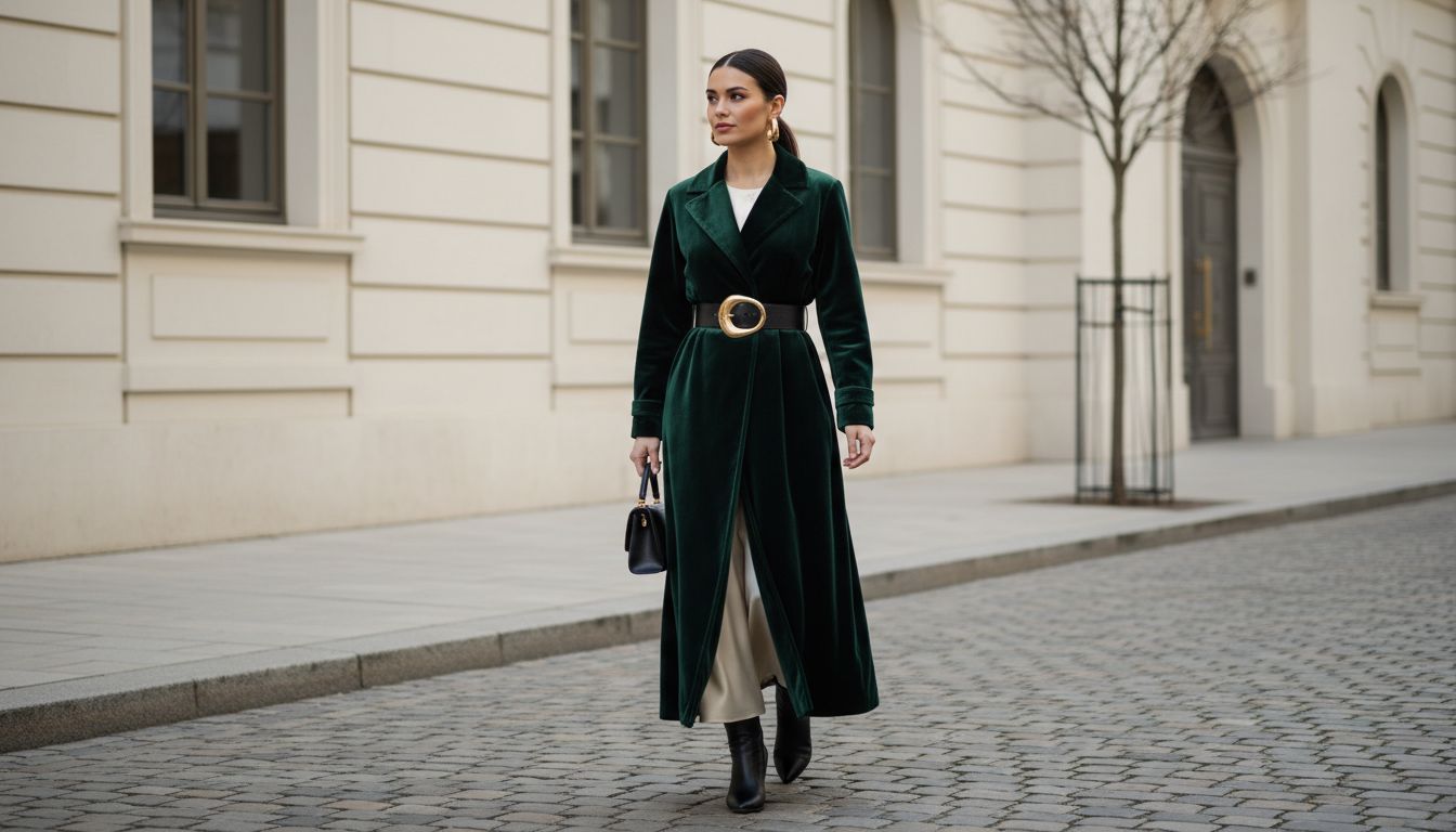 Стильная женщина в длинном бархатном пальто, подпоясанном широким кожаным ремнем с крупной пряжкой