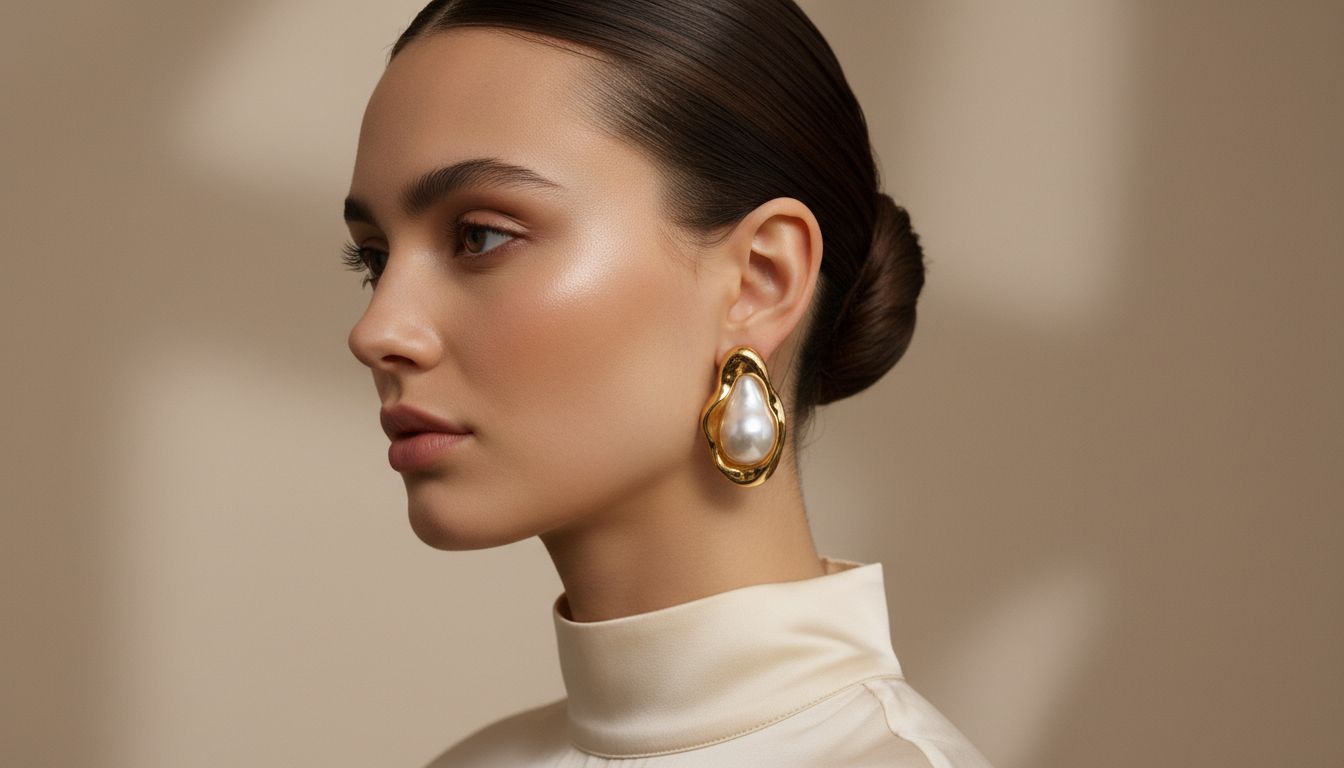 Модель в крупной асимметричной серьге из барочного жемчуга и золота, с гладкой прической.