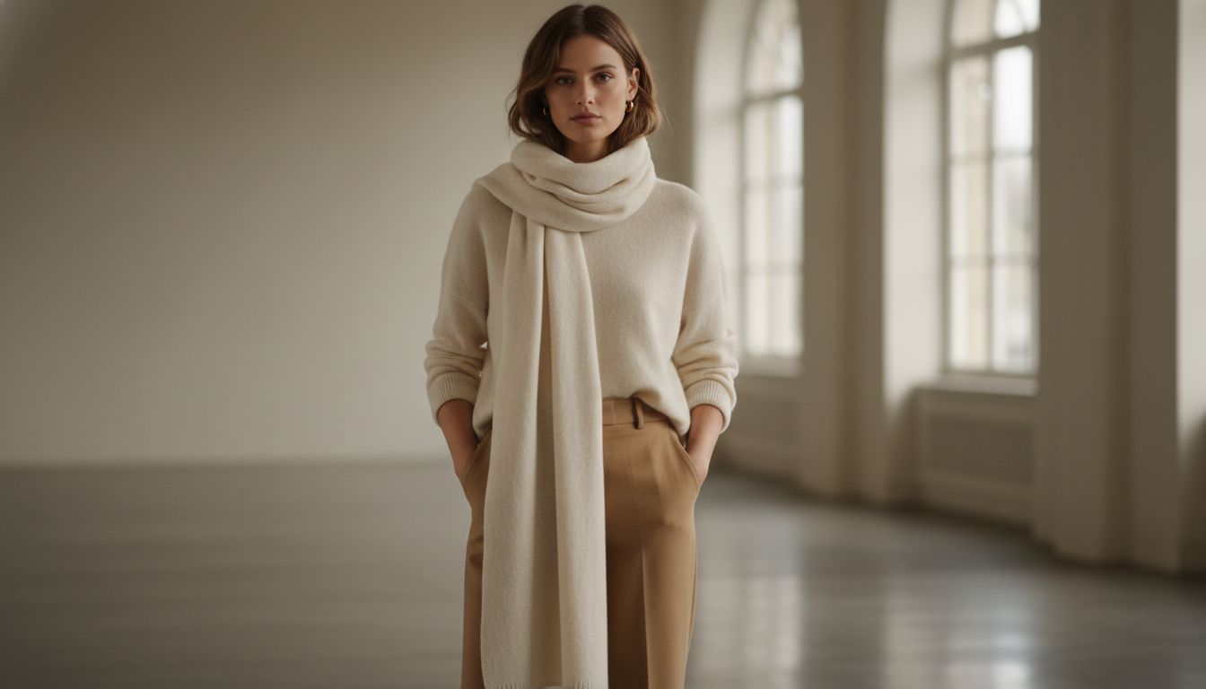 Девушка в кашемировом свитере оверсайз, вокруг шеи которого небрежно намотан очень длинный шарф, один конец которого свисает до колена.