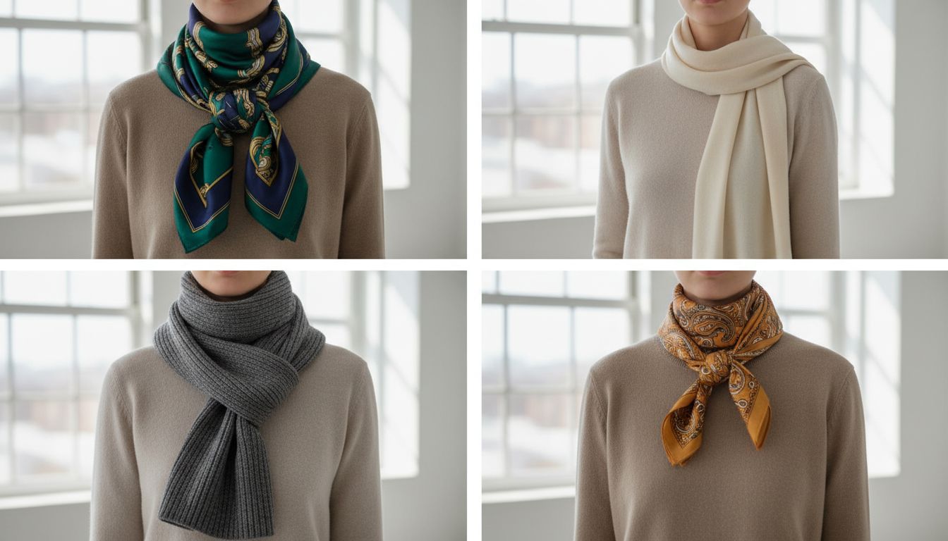 Различные способы завязывания шарфов: от сложного узла спереди до простого переброса через плечо, демонстрирующие разные длины и объемы.