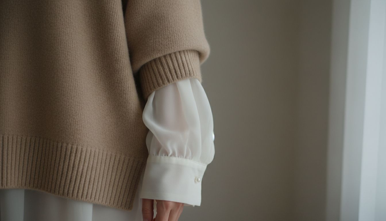 Крупный план: Сочетание рукава объемного бежевого кашемирового свитера и манжеты полупрозрачной белой блузки из шифона.