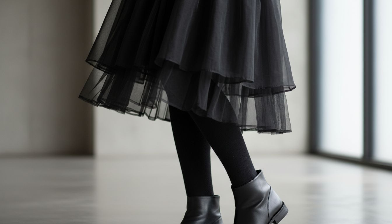 Деталь: Многослойный подол из нескольких видов черной прозрачной ткани (органза, тюль, шифон), контрастирующий с плотными шерстяными колготками.