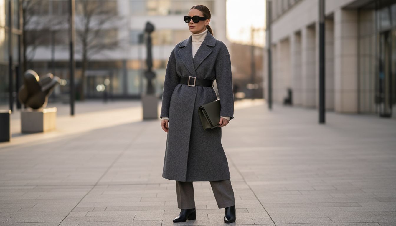 Стильный уличный образ с длинным шерстяным пальто с квадратными плечами и широким ремнем, подчеркивающим талию.