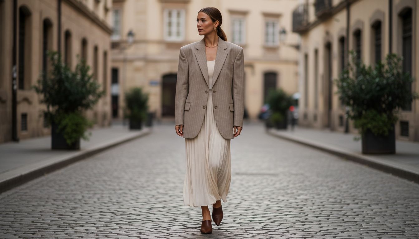 Девушка в оверсайз-блейзере в тонкую полоску с акцентными плечами и длинной, слегка плиссированной юбке-макси.