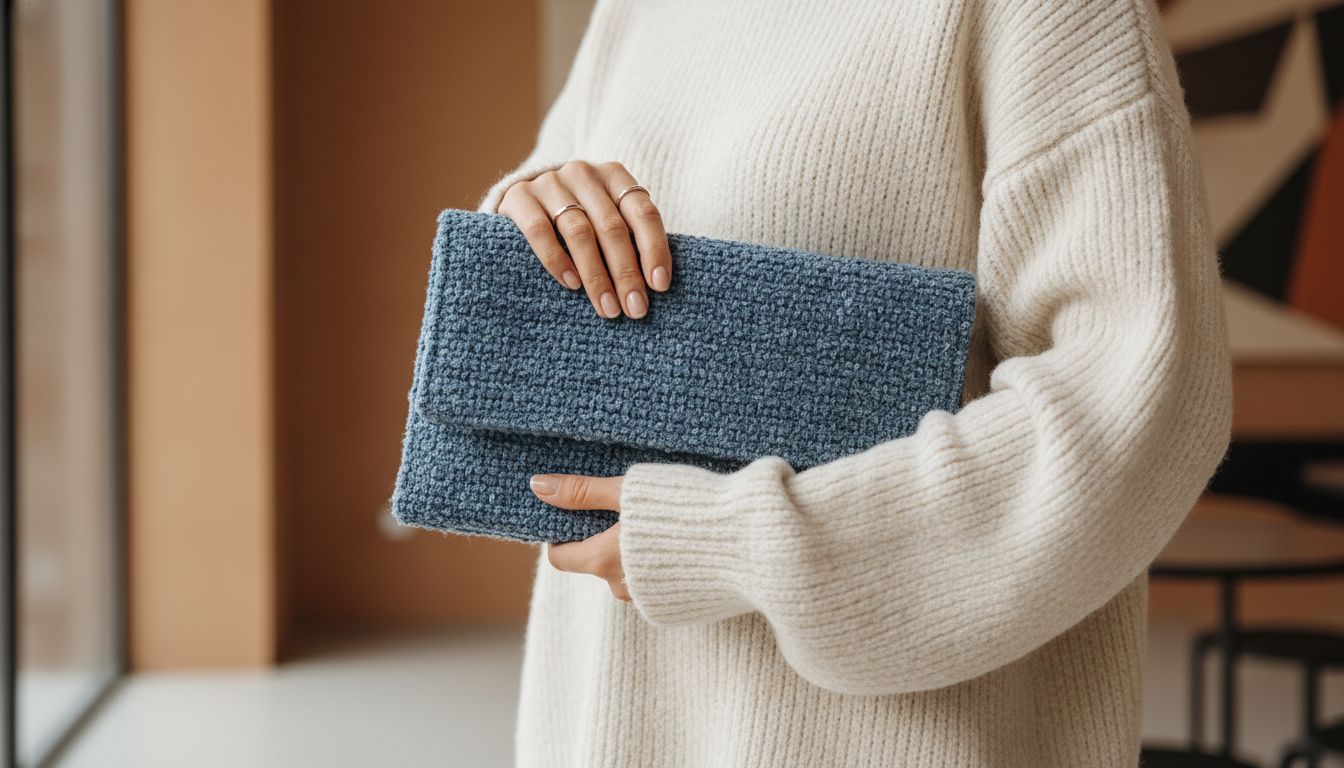 Крупный клатч из фактурного синего букле, который держит в руке девушка в оверсайз-свитере цвета слоновой кости.