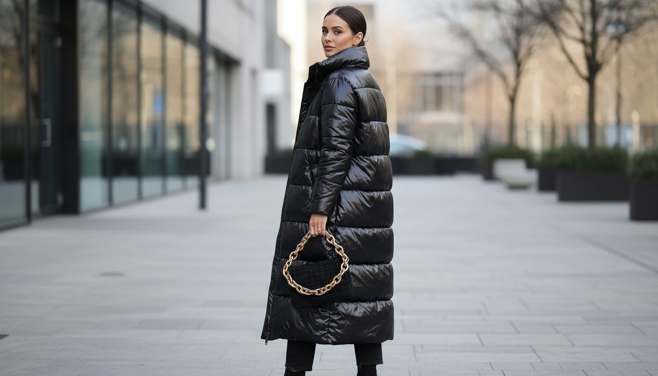 Девушка в черном глянцевом макси-пуховике держит в руке миниатюрную сумку из черного букле с золотой цепочкой, создавая контраст фактур.