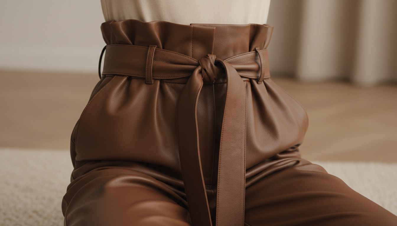 Крупный план брюк Paper-Bag из плотной коричневой кожи, демонстрирующий характерную сборку и широкий пояс.