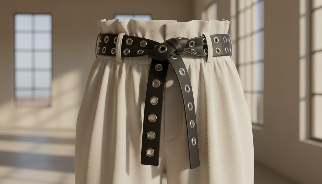 Детализированный образ: широкий ремень с металлическими люверсами, завязанный поверх сборки на талии брюк Paper-Bag.