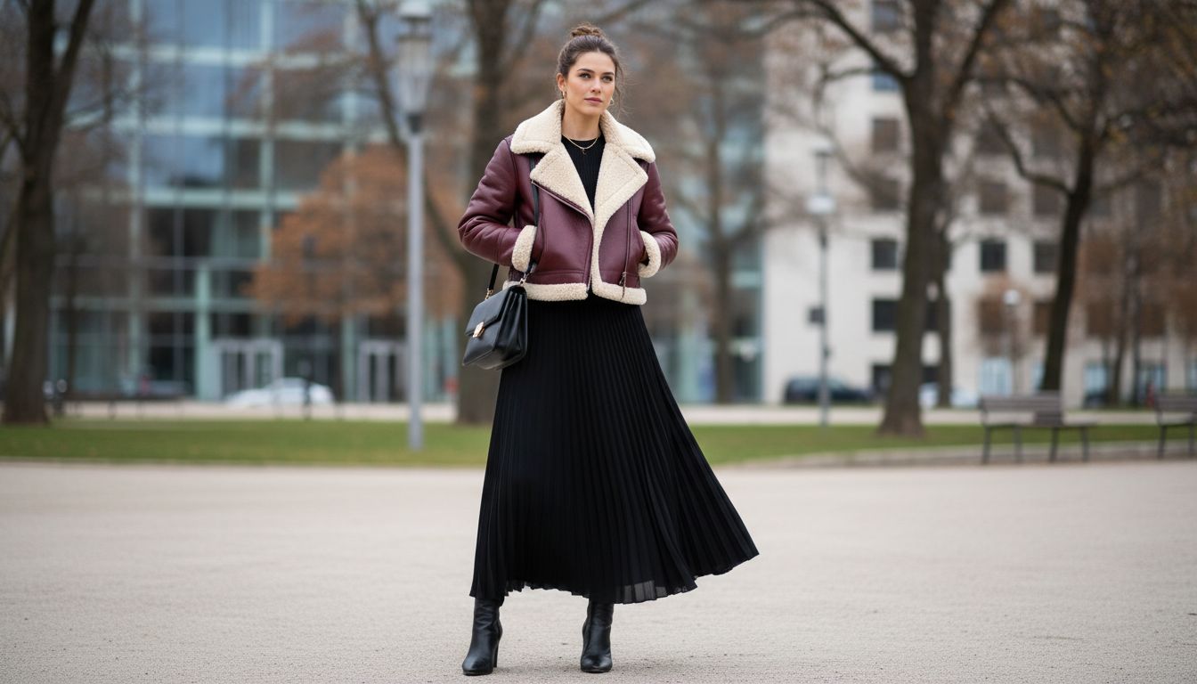 Укороченная куртка-авиатор из бордовой кожи с овчиной, стилизованная с длинной черной юбкой.