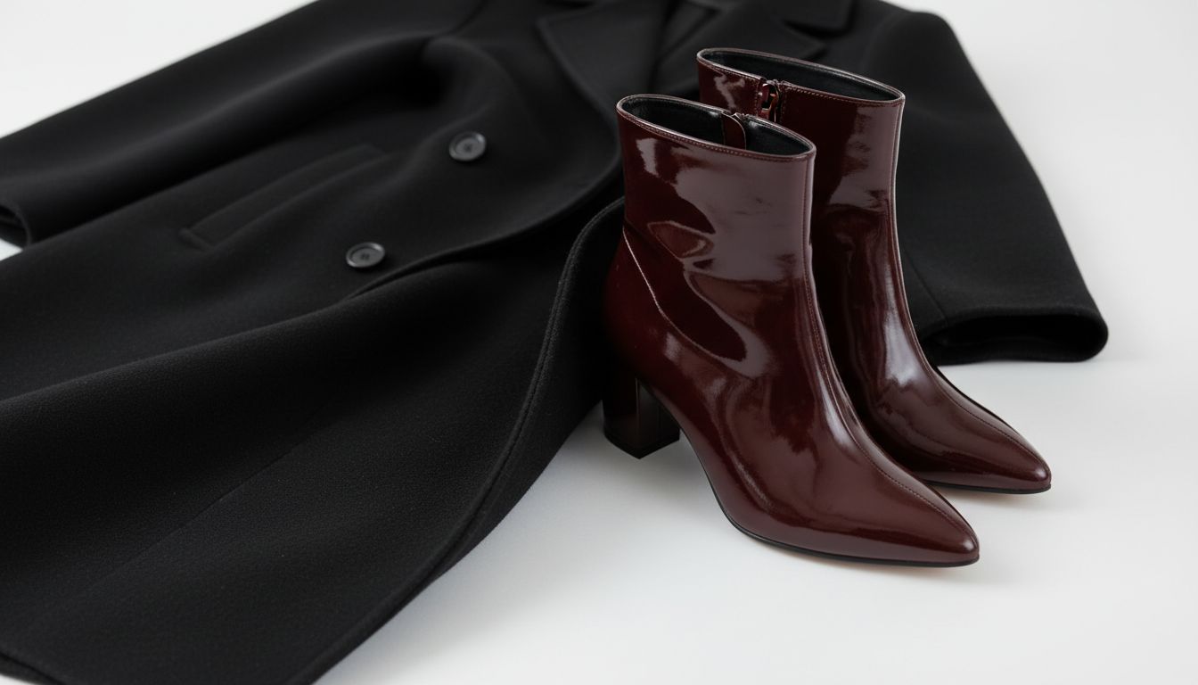 Крупный план на лакированные ботильоны цвета «Вишневая Кола» на фоне черного пальто.