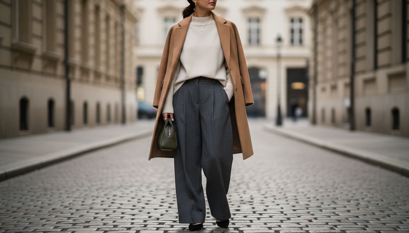 Стилизованный образ: девушка в широких брюках из шерсти, за которыми едва виден низкий тонкий каблук.