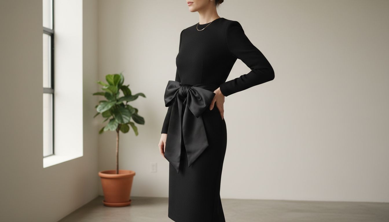 Образ, где атласный бант прикреплен к поясу черного шерстяного платья-футляр.