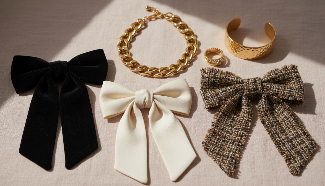 Подборка аксессуаров: три разных банта (атласный, бархатный и твидовый) рядом с массивными золотыми украшениями.