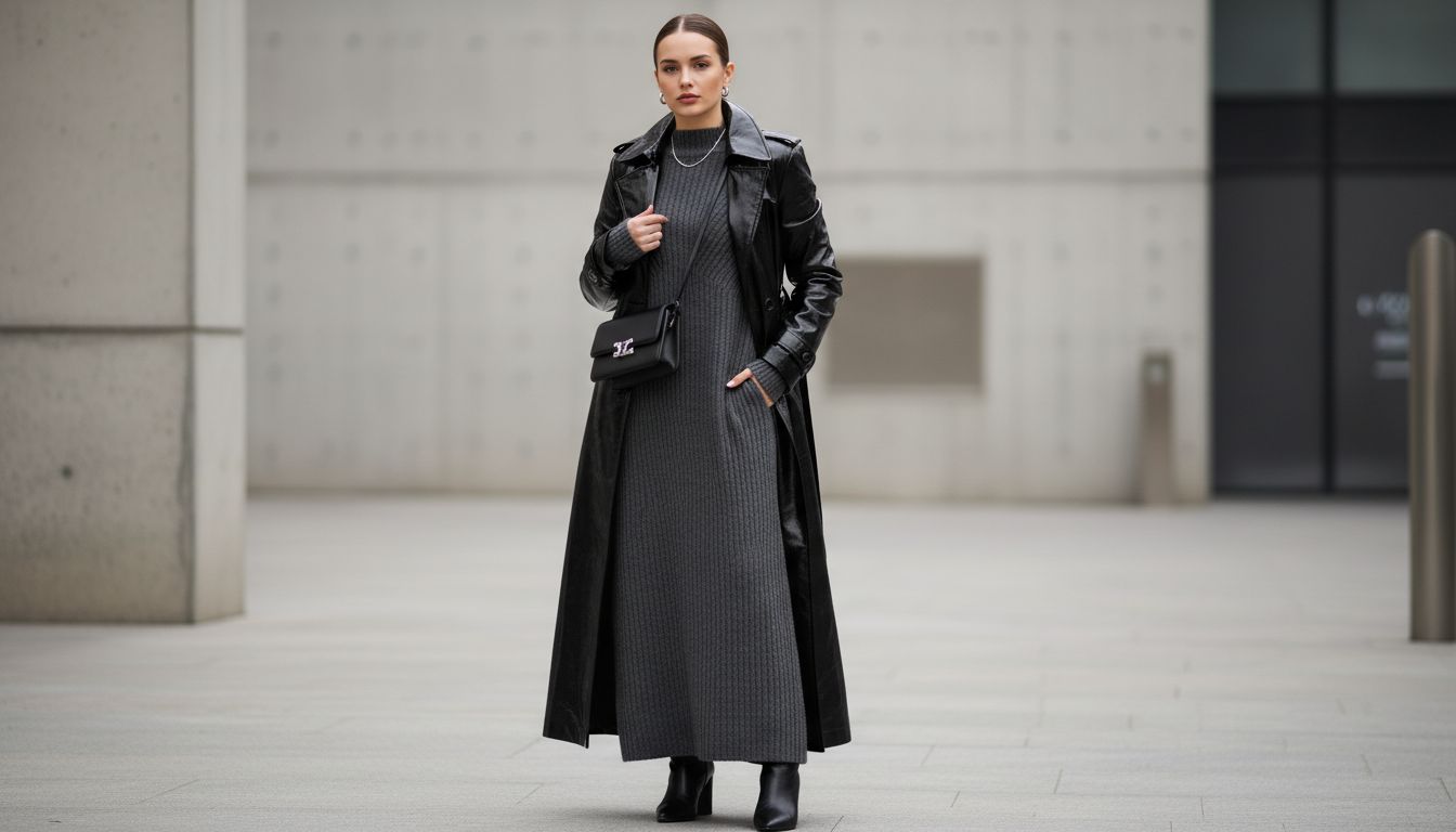 Длинный лаковый плащ черного цвета в сочетании с серым трикотажным платьем