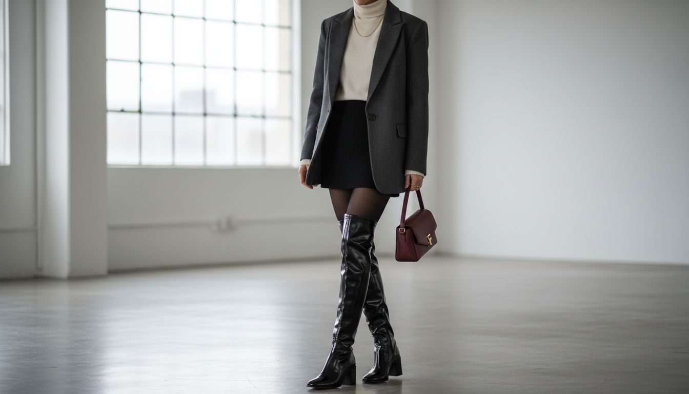 Лаковые ботфорты на низком каблуке в сочетании с мини-юбкой и плотными колготками