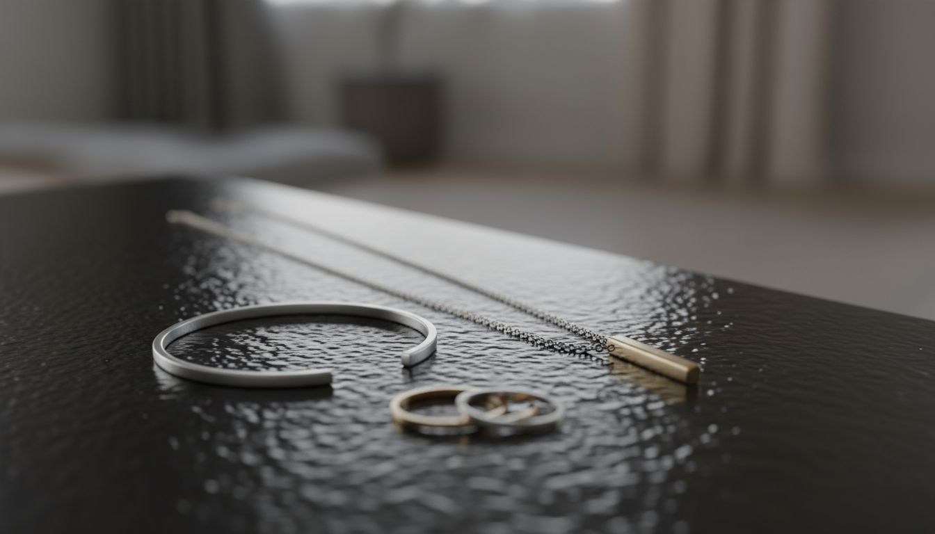 Детализированный крупный план лаковой кожи с эффектом 'мокрого' блеска и минималистичными украшениями