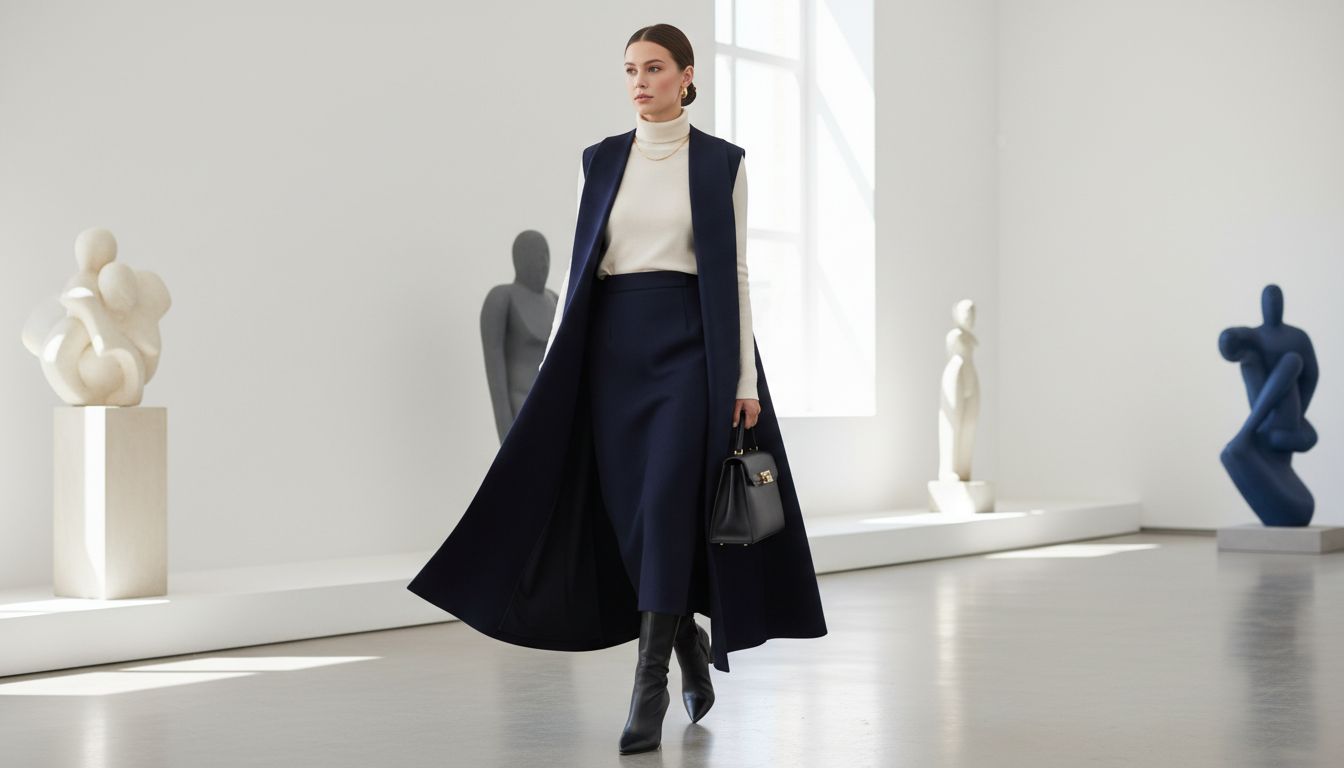 Женщина в юбке-карандаш из темно-синей шерсти, заправленном в нее тонком свитере и трендовом длинном жилете