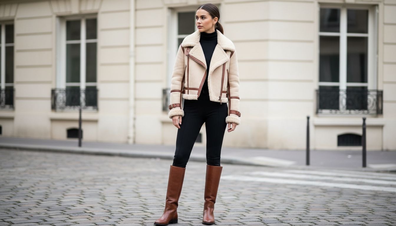 Модель в леггинсах со штрипками, заправленных в высокие сапоги-жокей, и короткой дубленке-авиаторе.