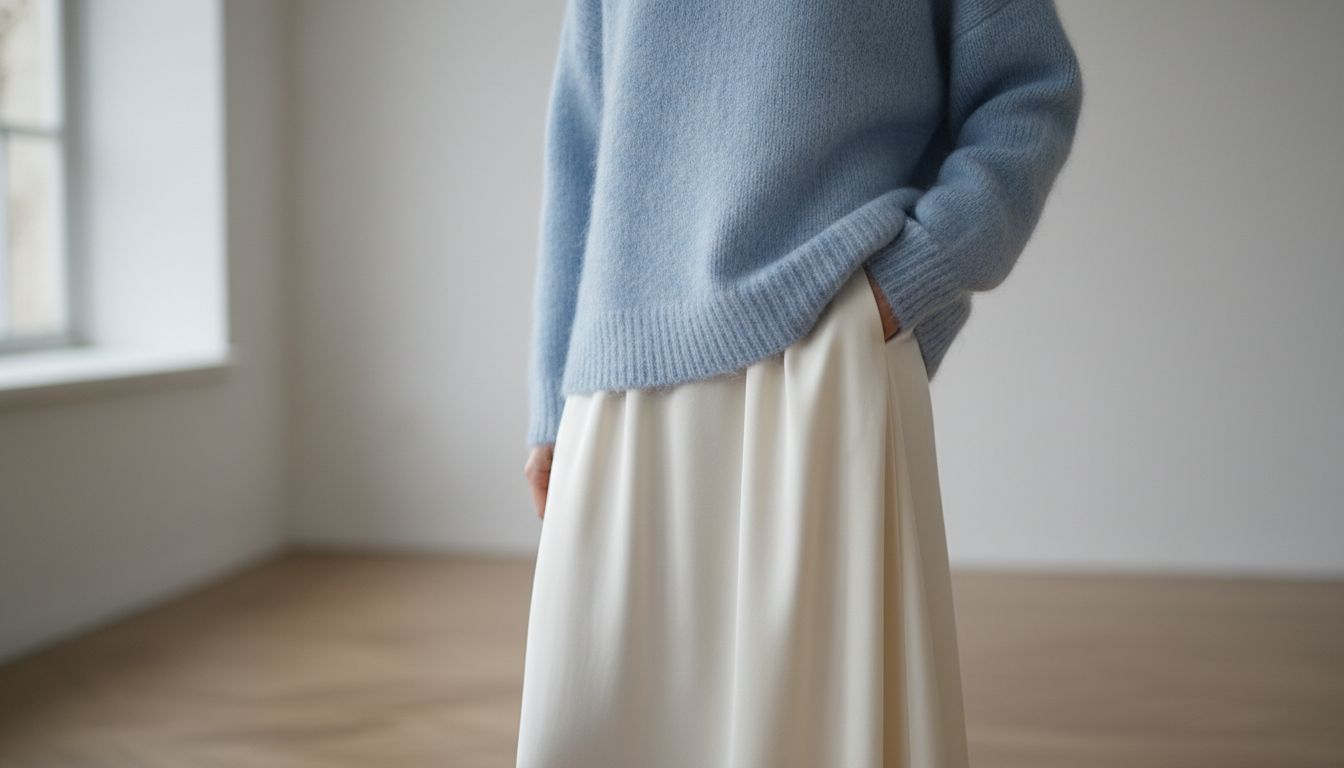 Крупный план на фактурный свитер из мохера в оттенке ледяной голубой, сочетающийся с шелковой юбкой-макси.