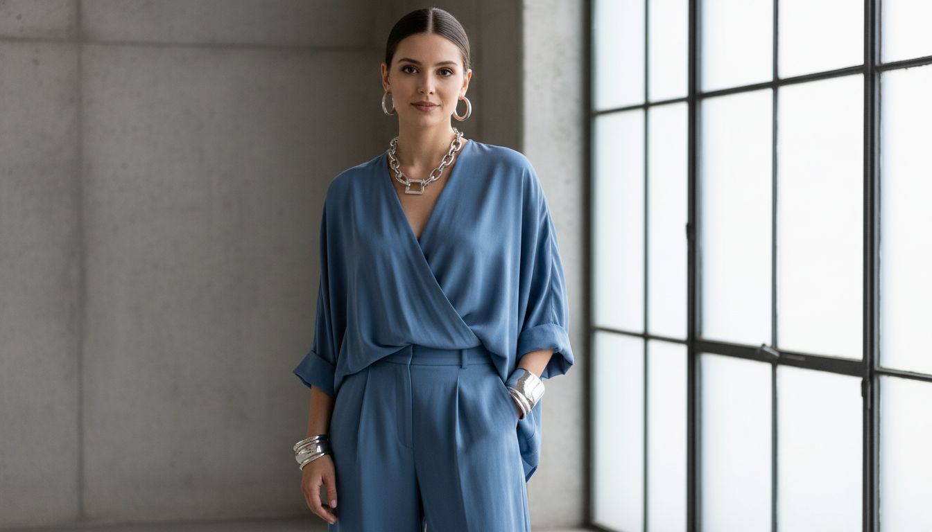 Модель в брючном костюме оттенка туманный синий, с массивными серебряными украшениями.