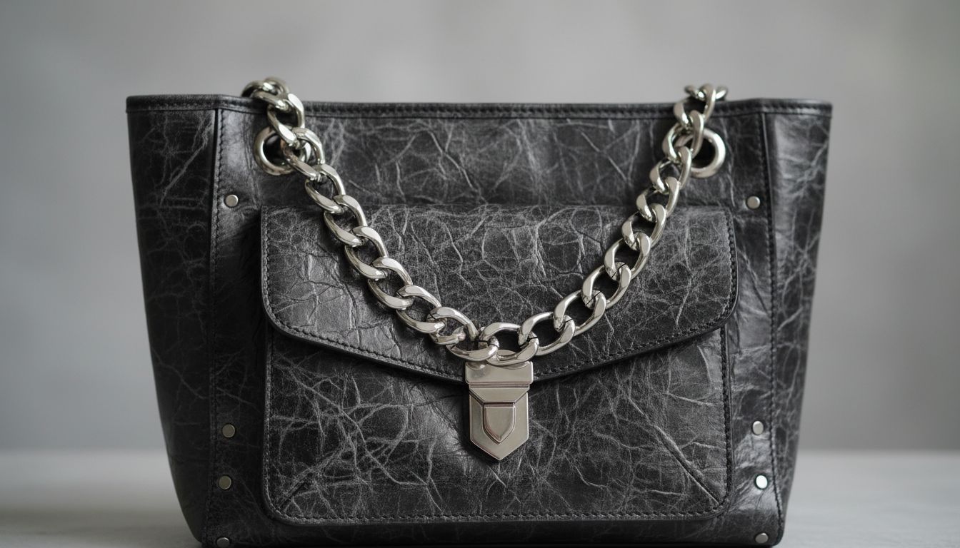 Крупный план на сумку-тоут из толстой, потрескавшейся черной кожи с металлическим декором.