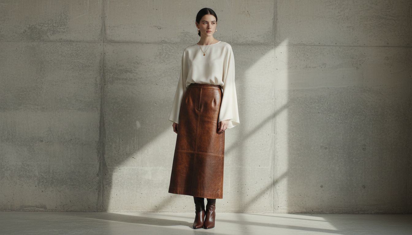 Модель в длинной юбке из состаренной кожи и ботильонах, стоящая на фоне бетонной стены.