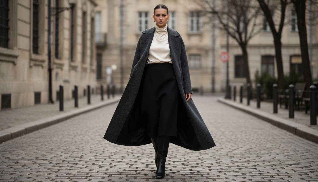Модель в юбке-миди из плотной черной шерсти, стилизованной с высокими сапогами с квадратным мысом и длинным пальто.