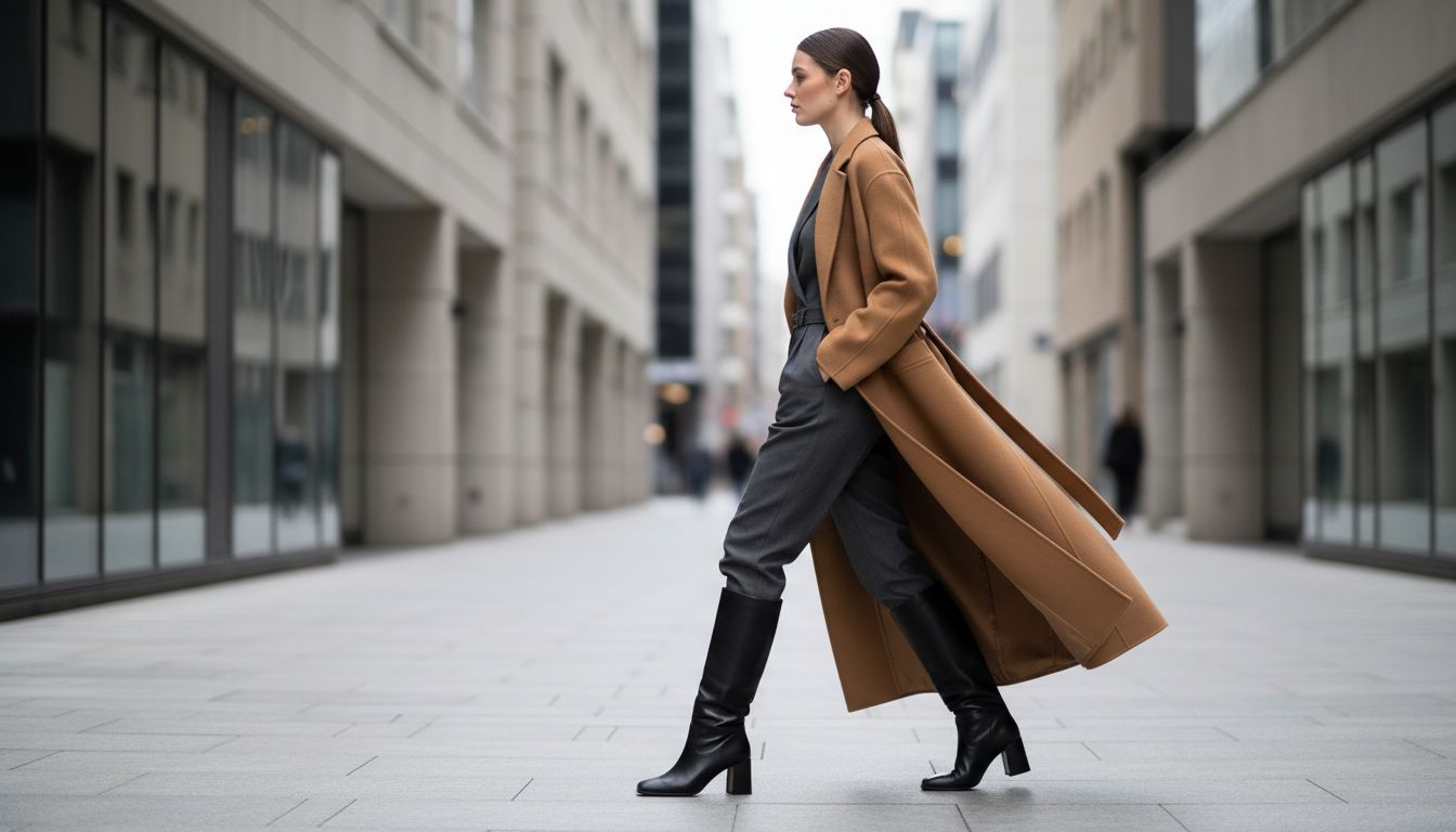 Модель в длинном, распахнутом шерстяном пальто и кожаных сапогах-трубах с квадратным мысом.