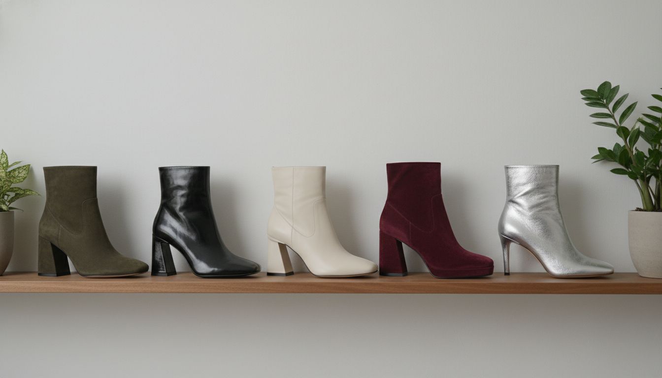 Разнообразие ботильонов с квадратным мысом на полке: от замшевых до лаковых, демонстрирующие разные каблуки.