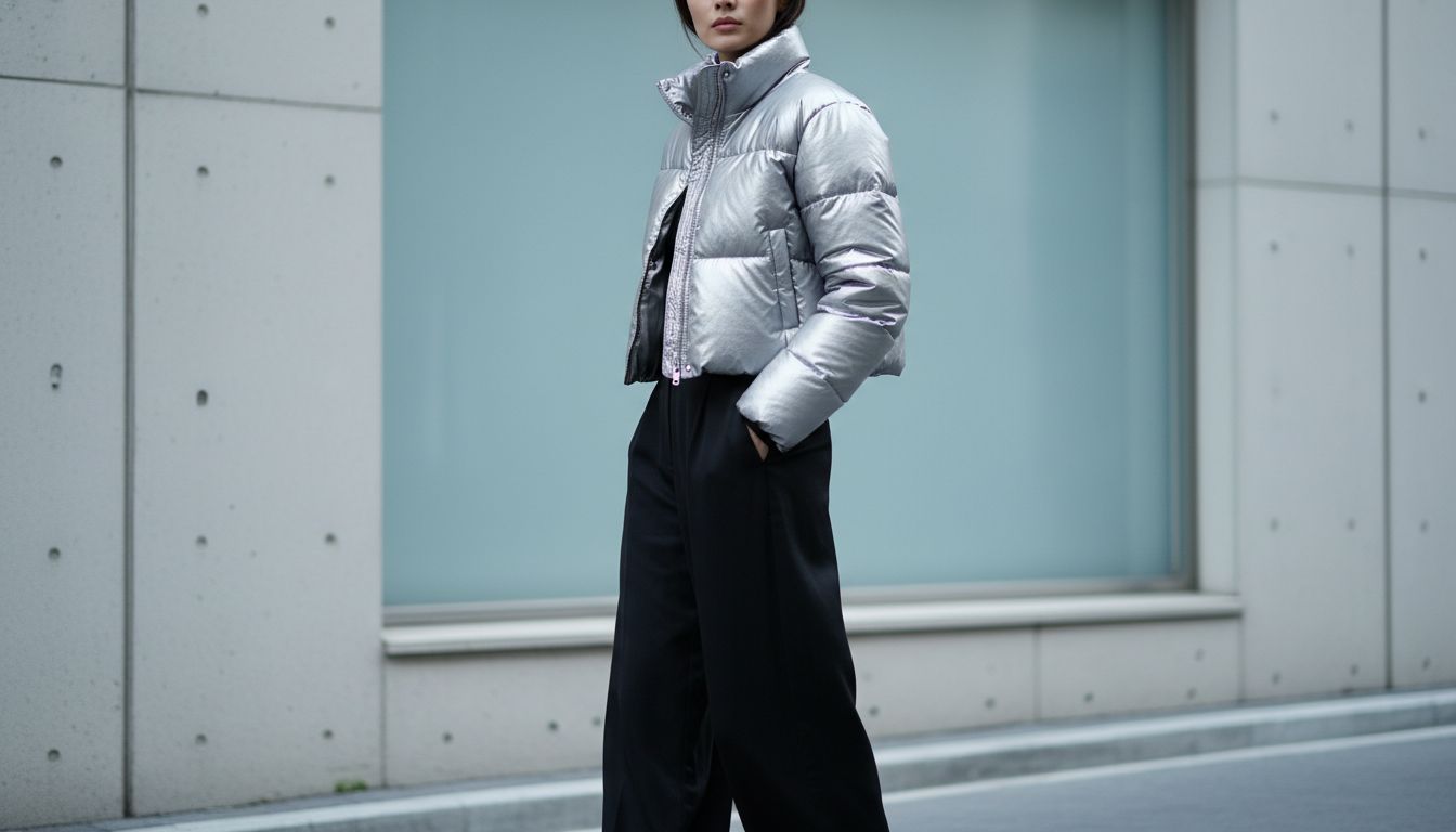 Девушка в укороченном серебряном пуховике и черных широких брюках, демонстрирующая контраст фактур.